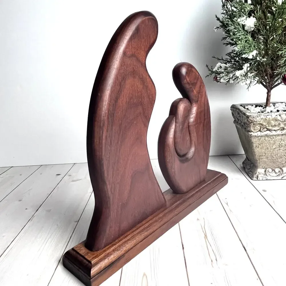 VTG Holy Family Abstract Hand Carved Solid Wood Statue Sculpture Mary Jesus MCM